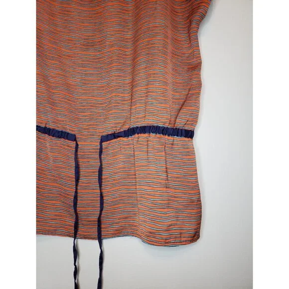 Ann Taylor Womens Sz M Blouse Short Sleeve Stripe Orange Blue Drawstring Waist - Picture 3 of 6